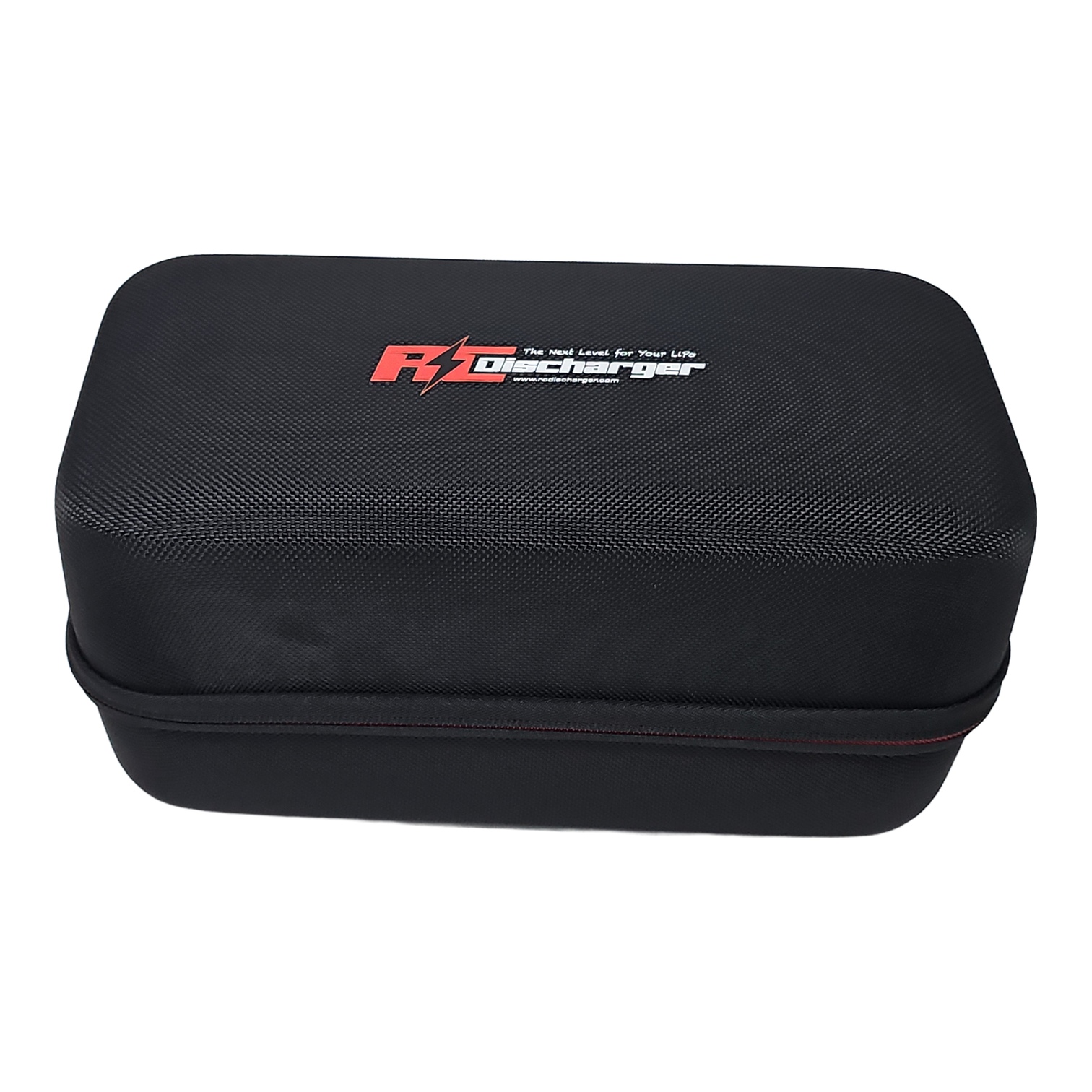Black hard-shell carrying case with RC Discharger logo, textured exterior and red zipper trim on white background