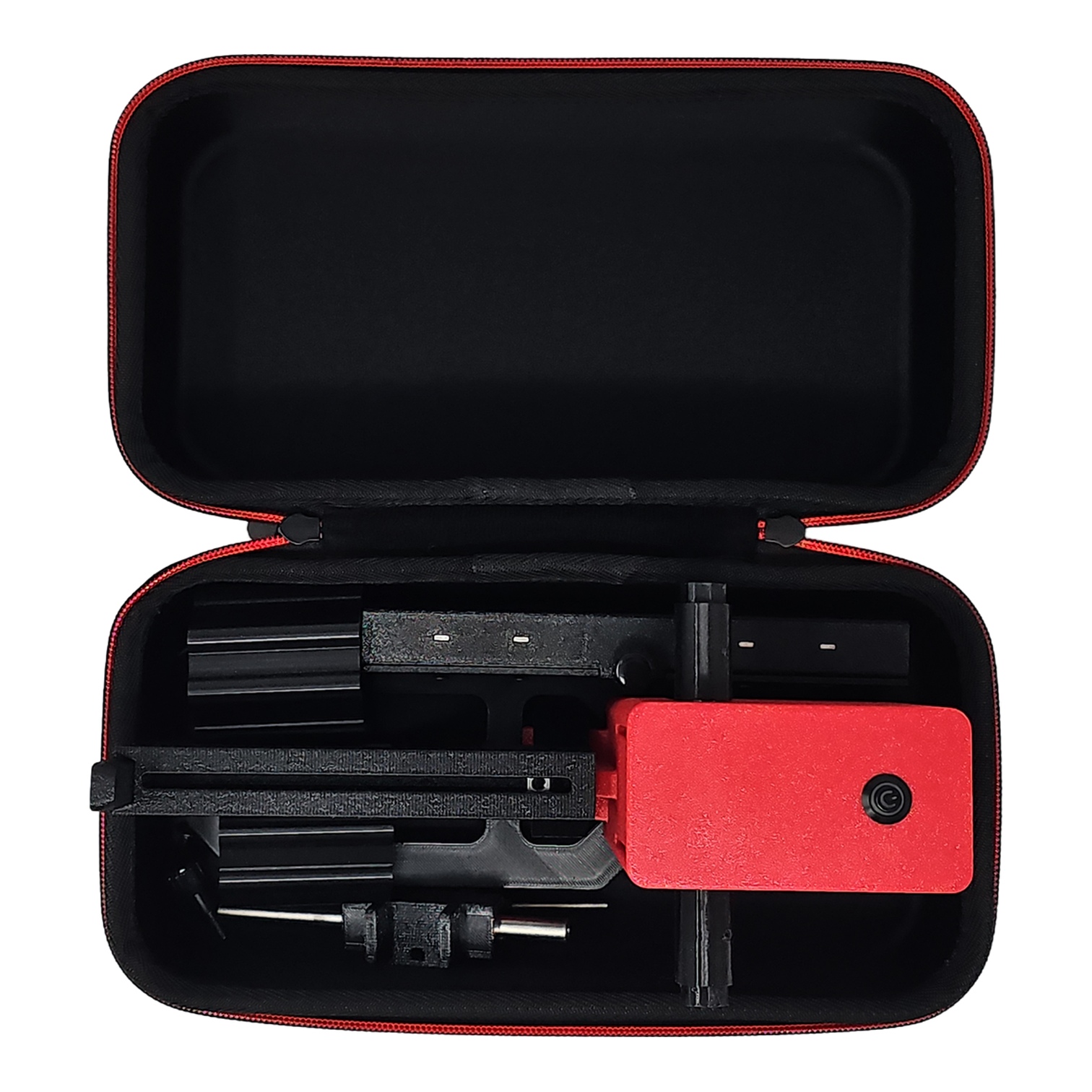Open black zippered carrying case with red trim holding a red camera slider and mounting accessories