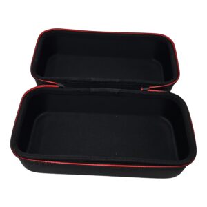 Open black hard-shell zippered carrying case with red trim, empty interior compartments on white background