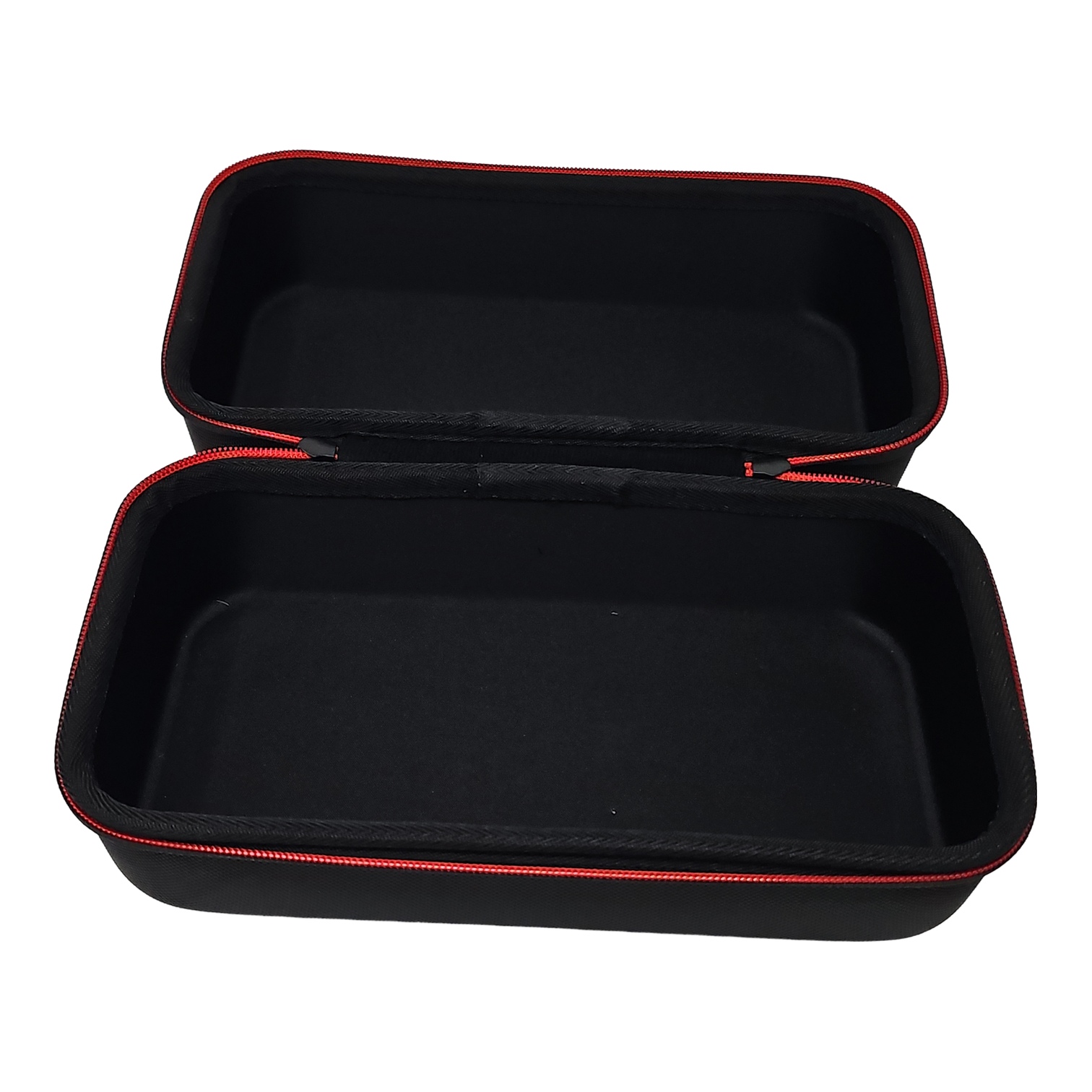 Open black hard-shell zippered carrying case with red trim, empty interior compartments on white background