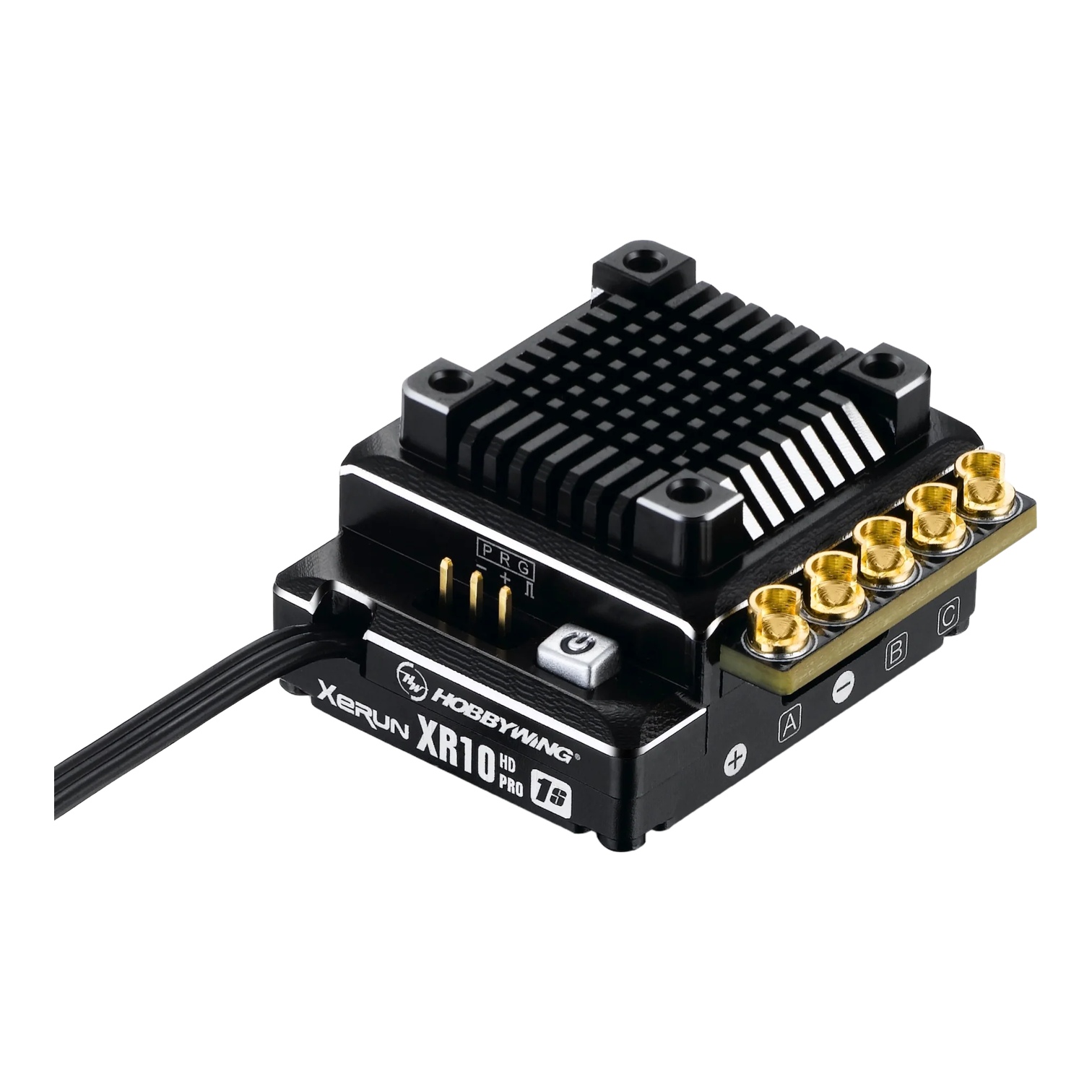 Hobbywing Xerun XR10 Pro HD 1S brushless ESC with heatsink and gold motor terminals on white background