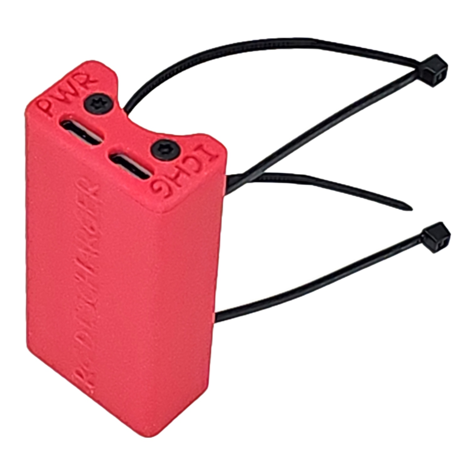 Red plastic PWR and CHG indicator cover with black zip-tie straps for electronic device mounting