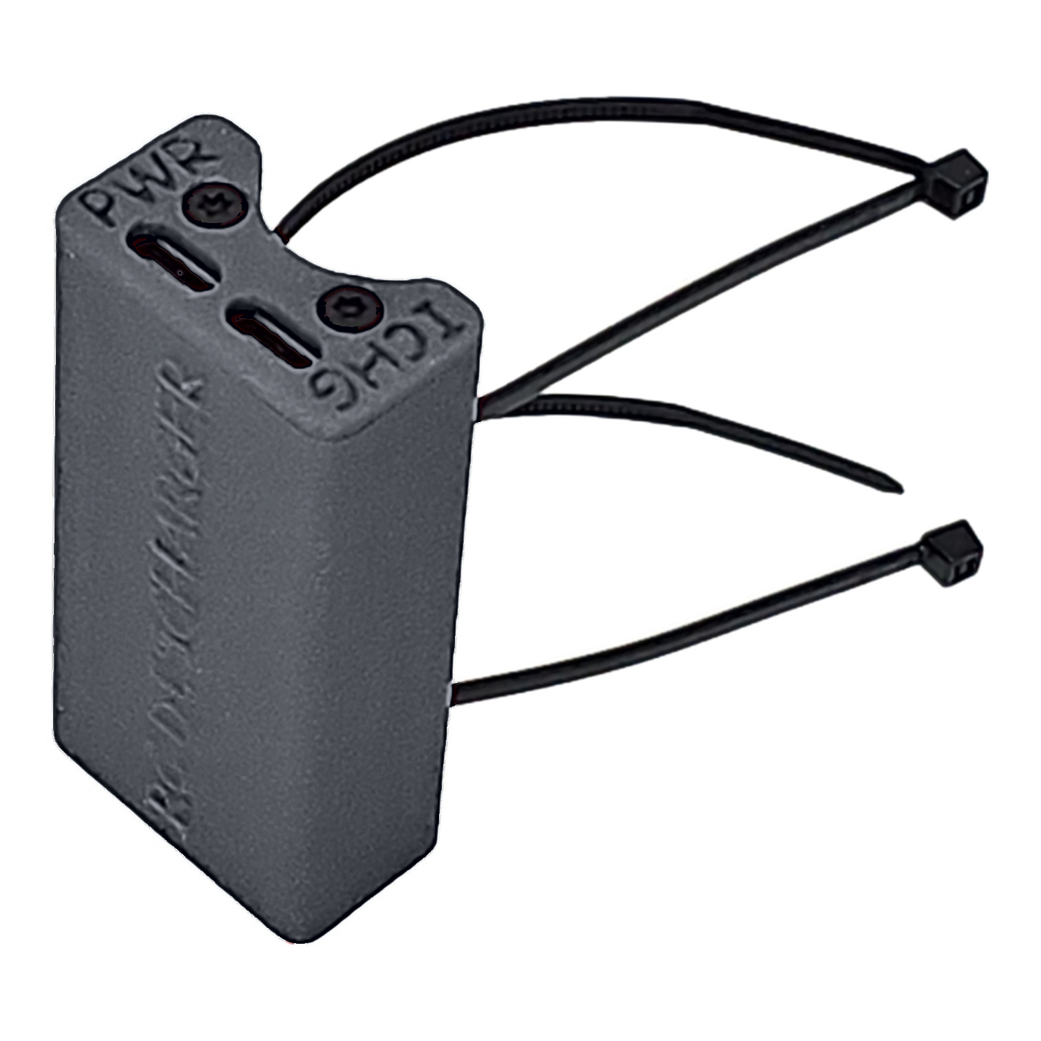 Black plastic PWR and LCHG jumper cap with zip-tie loops for motherboard front panel header connections
