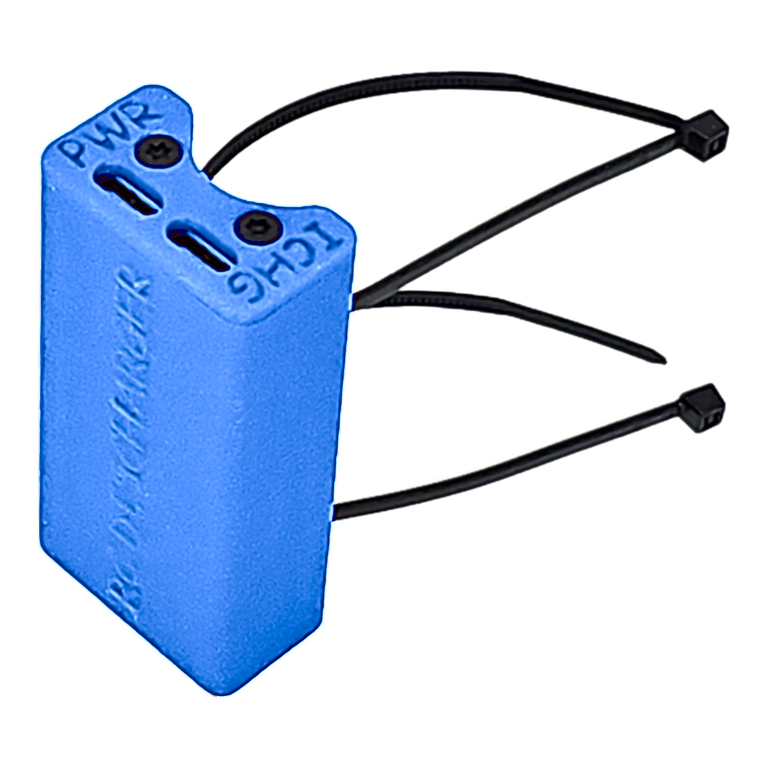 Blue plastic tamper-evident security seal with two black zip-tie straps, labeled PWR and LCTG, on white background