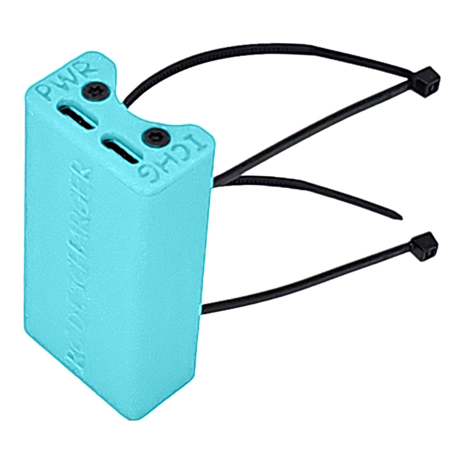 Blue plastic cable tie mounting base with two black zip ties attached on white background