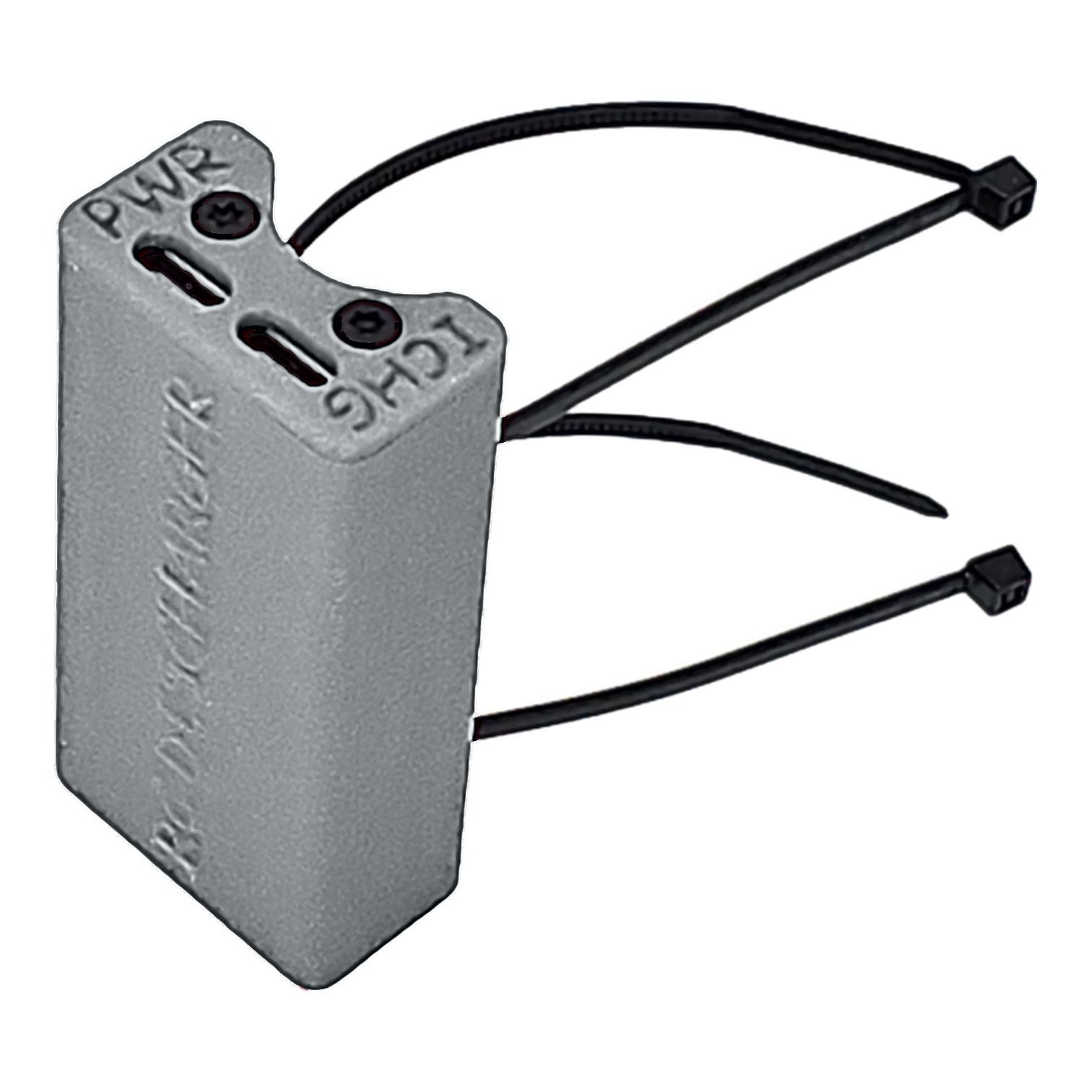 Gray plastic cable tie mounting base with three black zip ties attached, close-up on white background