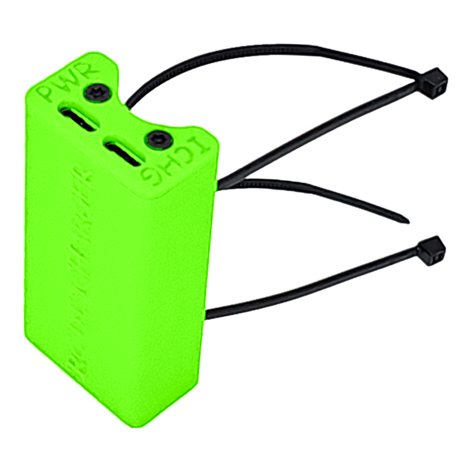 Neon green plastic cable tie lock tag with two black zip ties for securing equipment and tamper indication