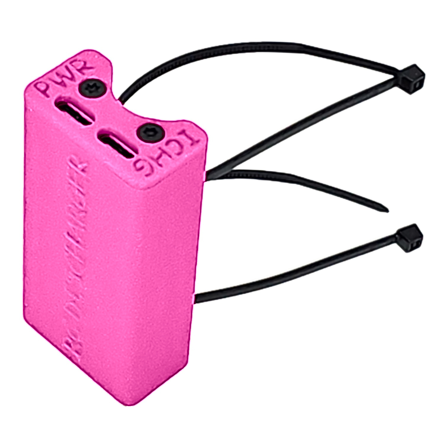 Pink LC1G PWR battery holder with zip-tie mounts for RC drone electronics on white background