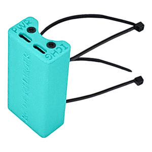 Turquoise plastic cable tie tag with black zip ties, labeled PWR and LCHG, on white background