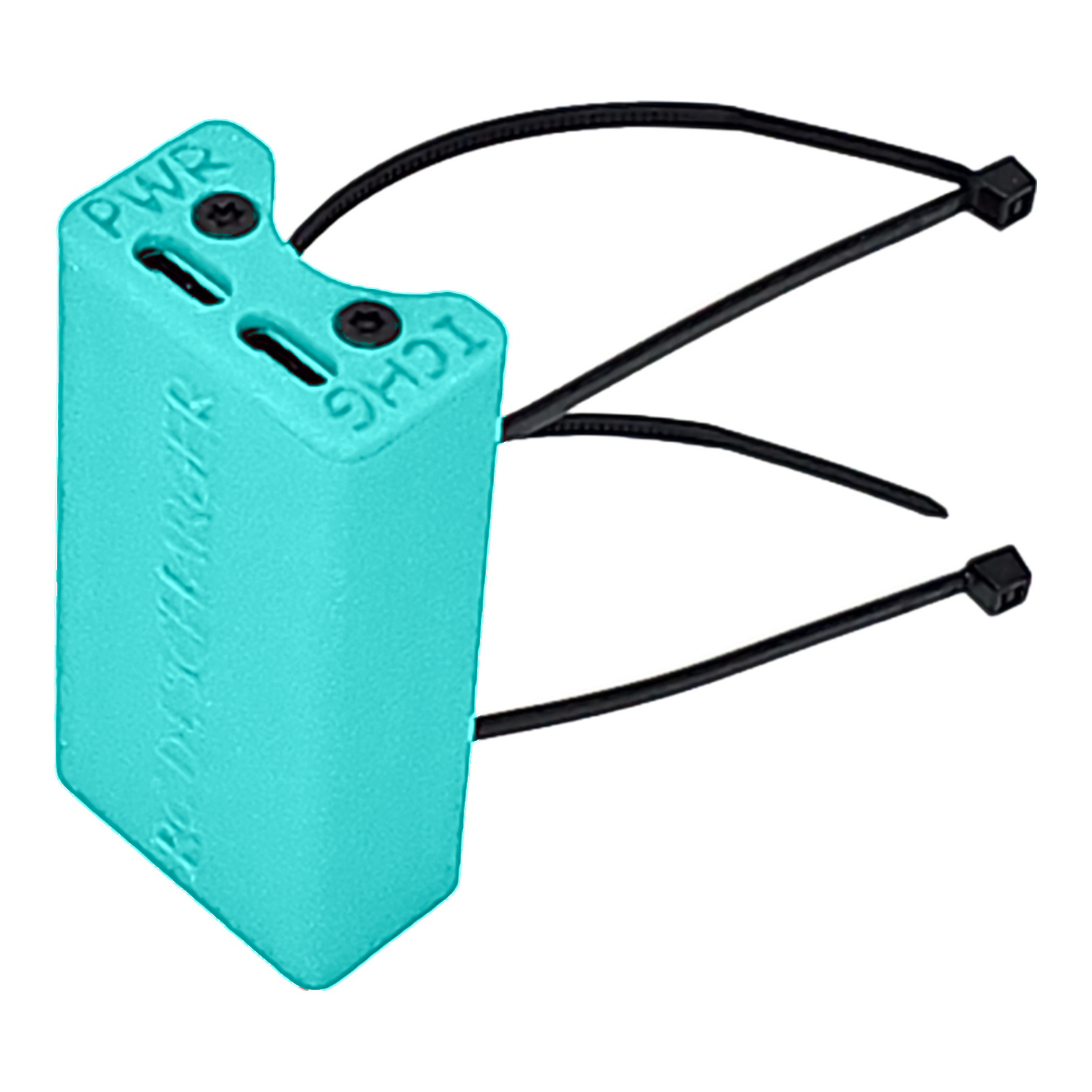 Turquoise plastic cable tie tag with black zip ties, labeled PWR and LCHG, on white background