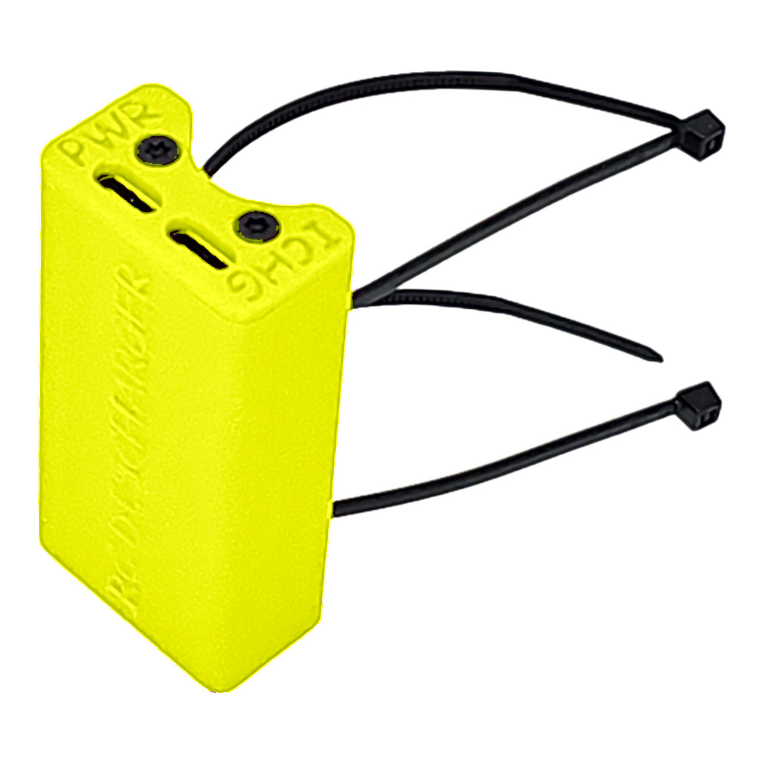 Yellow RFID asset tracking tag with black zip ties on white background