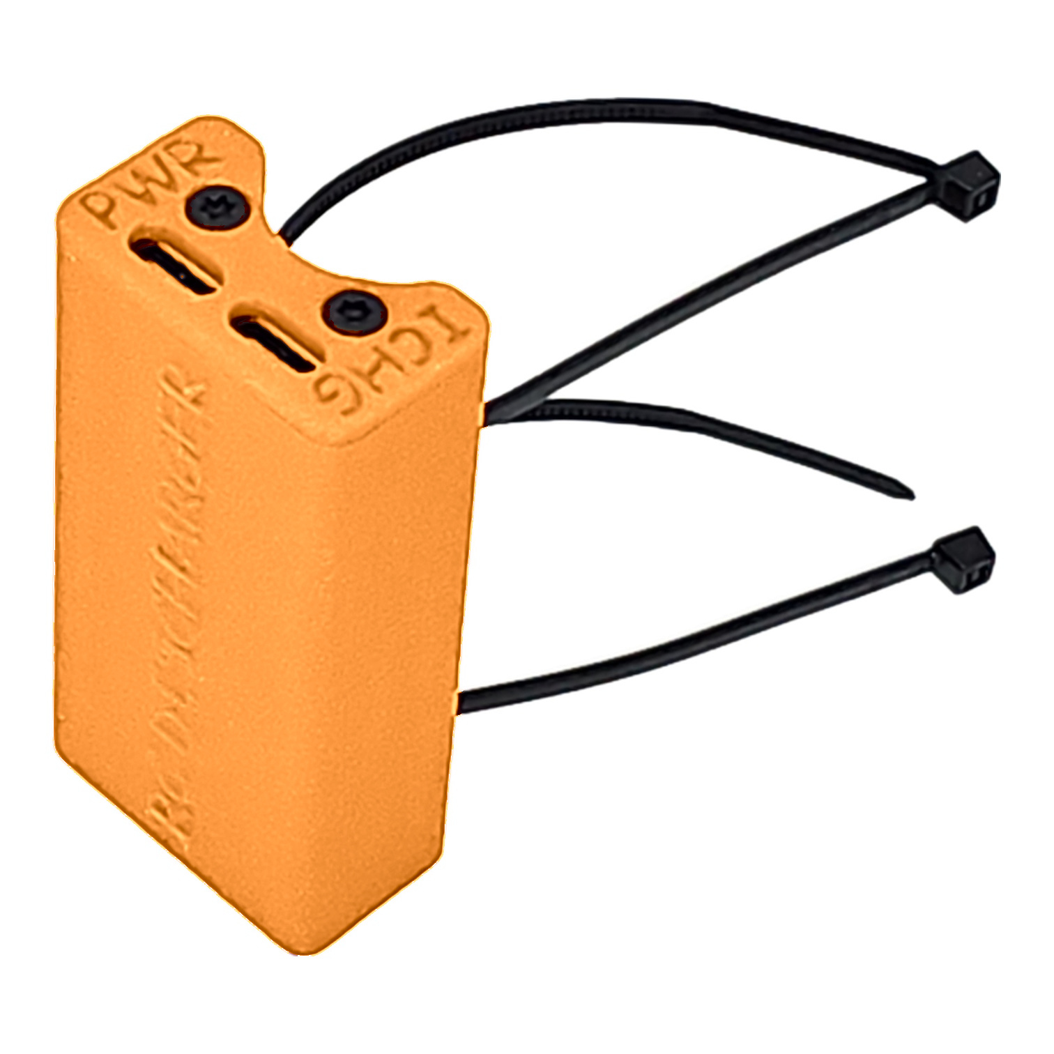 Orange plastic tamper-evident security seal tag with black zip-tie straps and locking head, isolated on white background