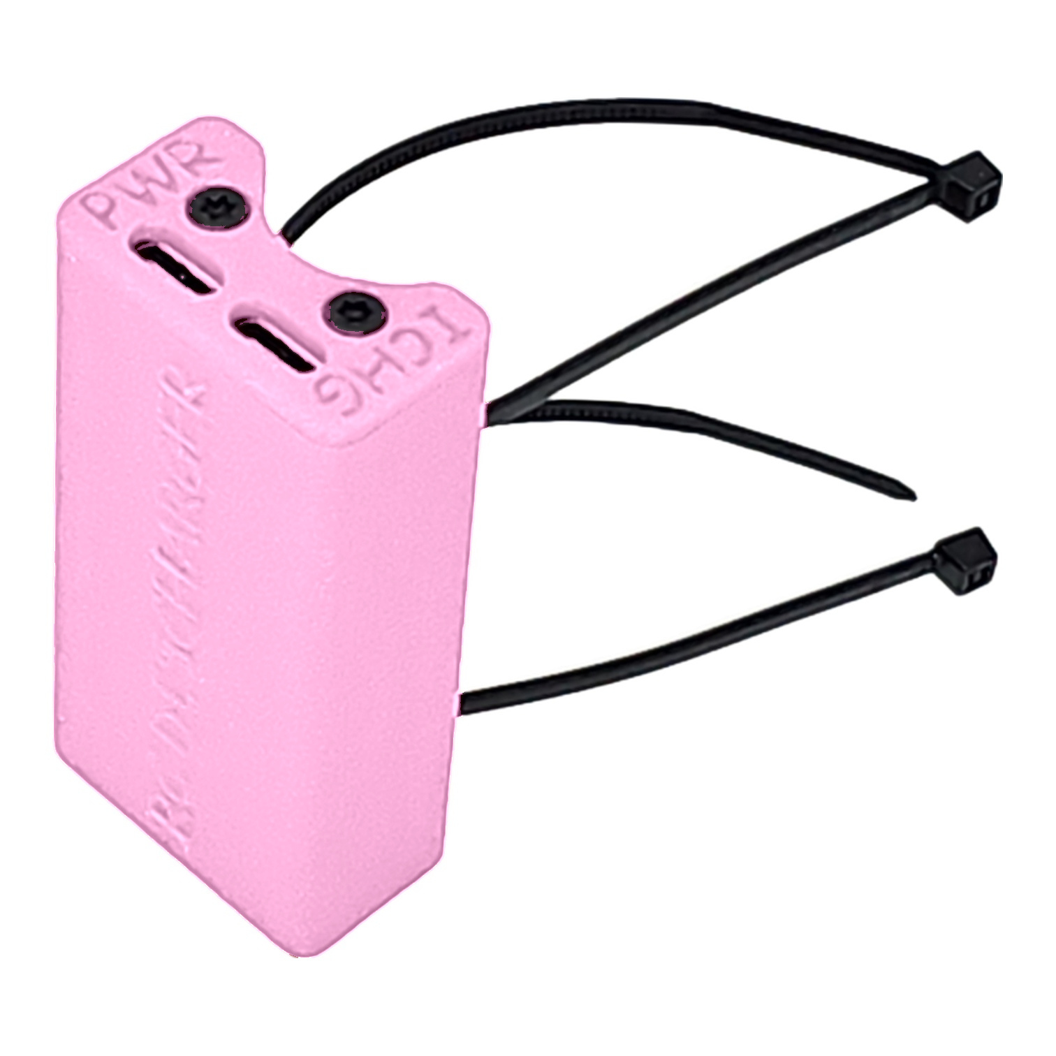 Pink plastic ear tag with black zip-tie fasteners, livestock identification tag on white background