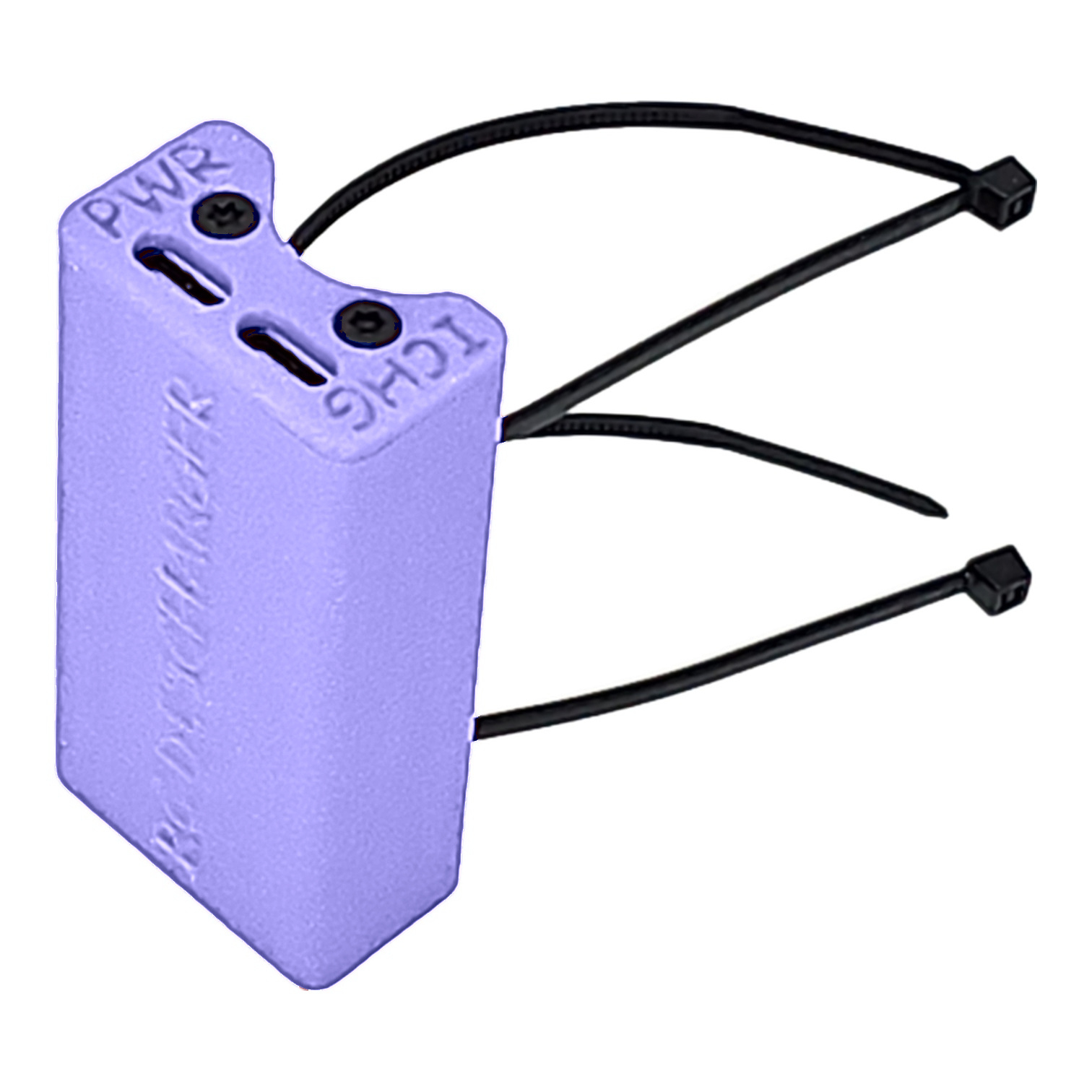 Purple plastic cable tie tag with two black zip ties, labeled PWR and LCHG, on white background
