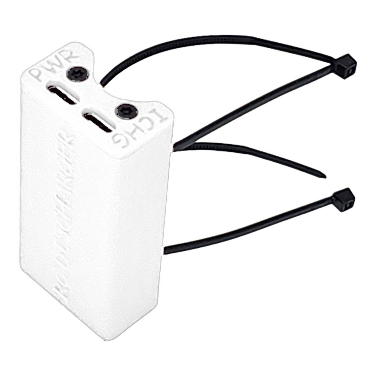 White plastic cable tie mount with three black zip ties on a white background