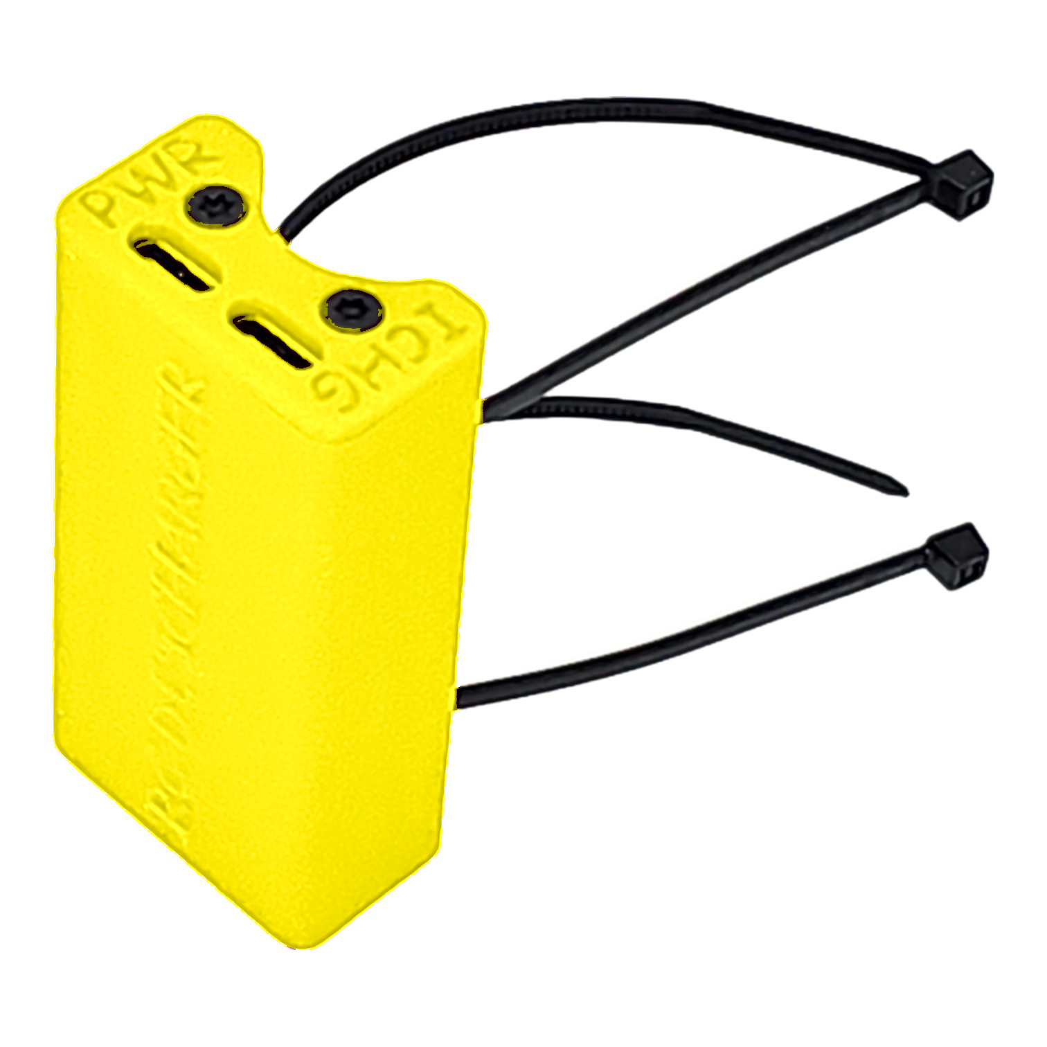 Yellow plastic security seal tag with black zip-tie straps, tamper-evident locking fastener on white background